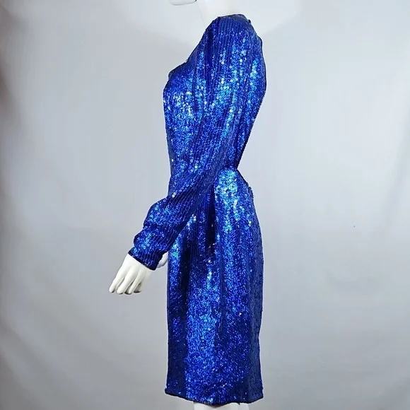 Vintage Sterling By Stone Ferris Blue Sequin Silk Open Back Coctail Party Dress - Picture 12 of 16